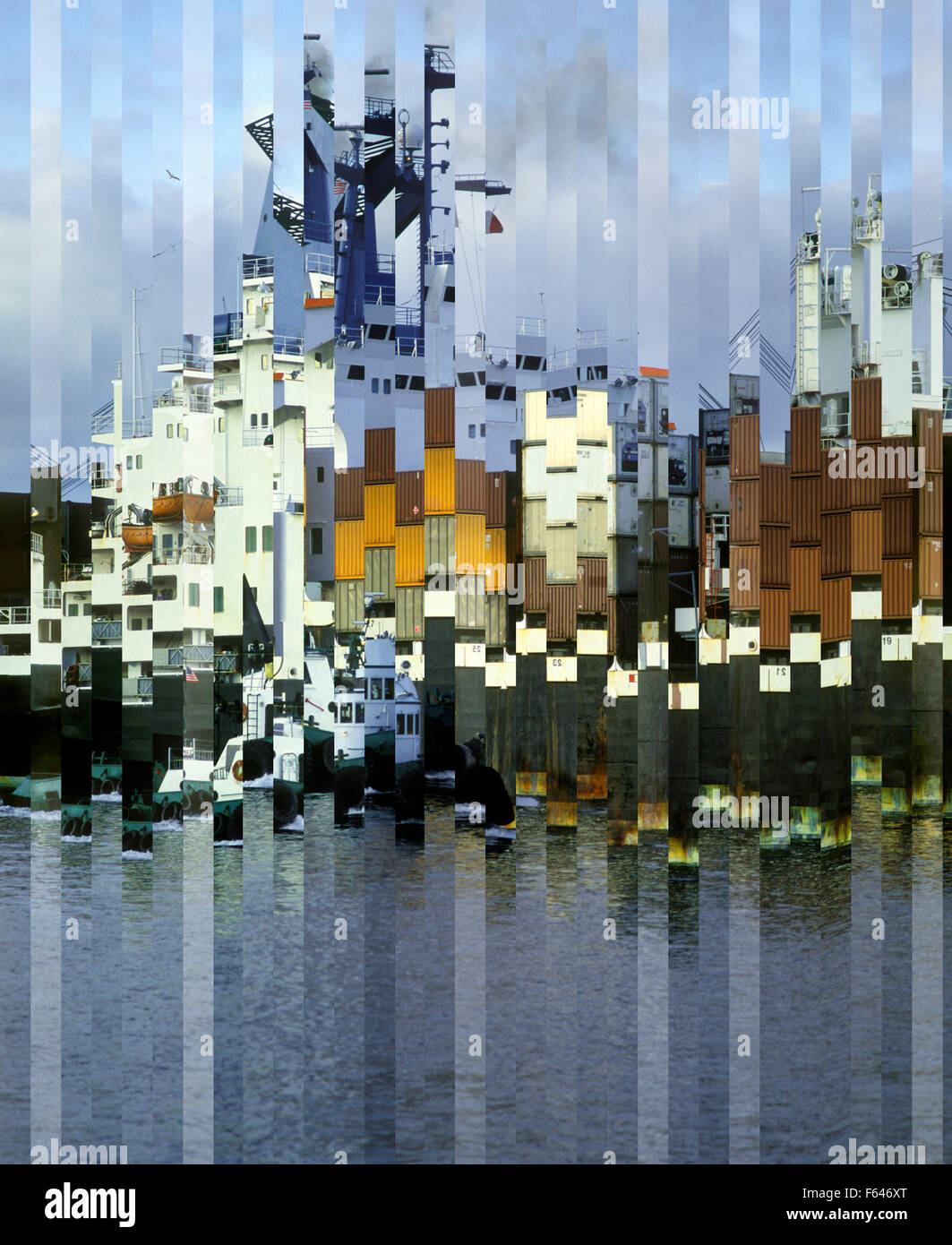 Tugboat guiding cargo ship Viewed Through Distorted Glass Stock Photo