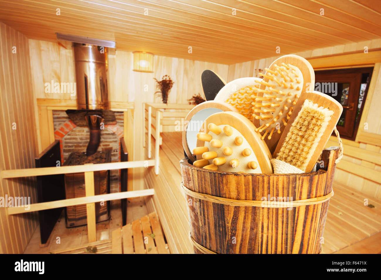 Set of bath accessories in sauna Stock Photo - Alamy