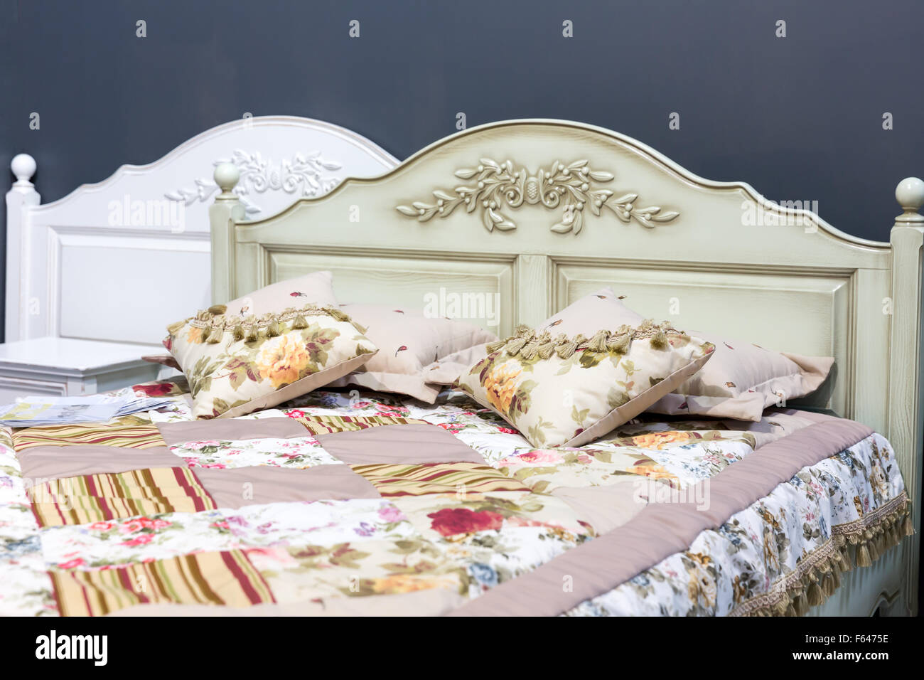 Nice bedroom interior with wooden furniture Stock Photo Alamy