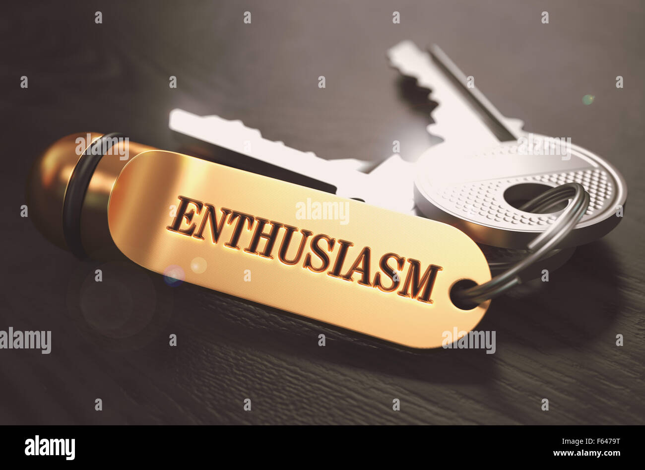 Enthusiasm Concept. Keys with Golden Keyring on Black Wooden Table. Closeup View, Selective Focus, 3D Render. Toned Image. Stock Photo