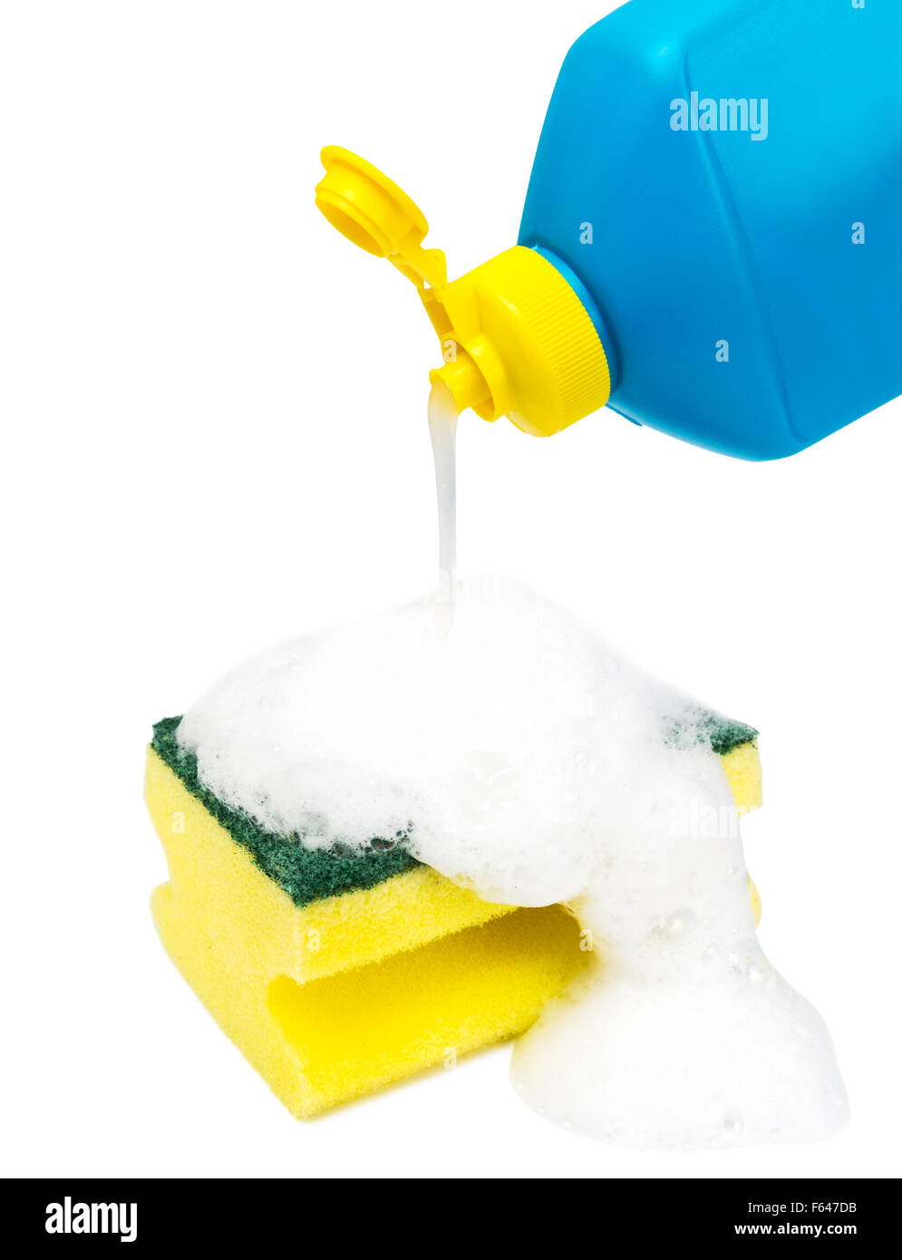 dishwashing liquid bottle and sponge covered with foam Stock Photo Alamy