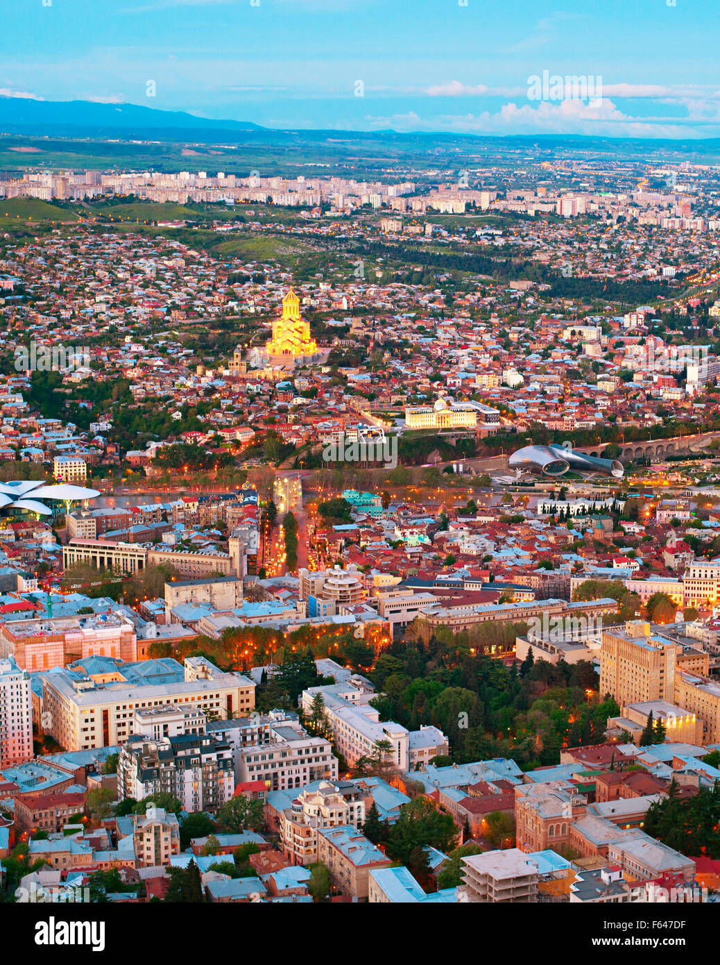 Overlooking of Tbilisi city at twilight. Georgian Republic Stock Photo