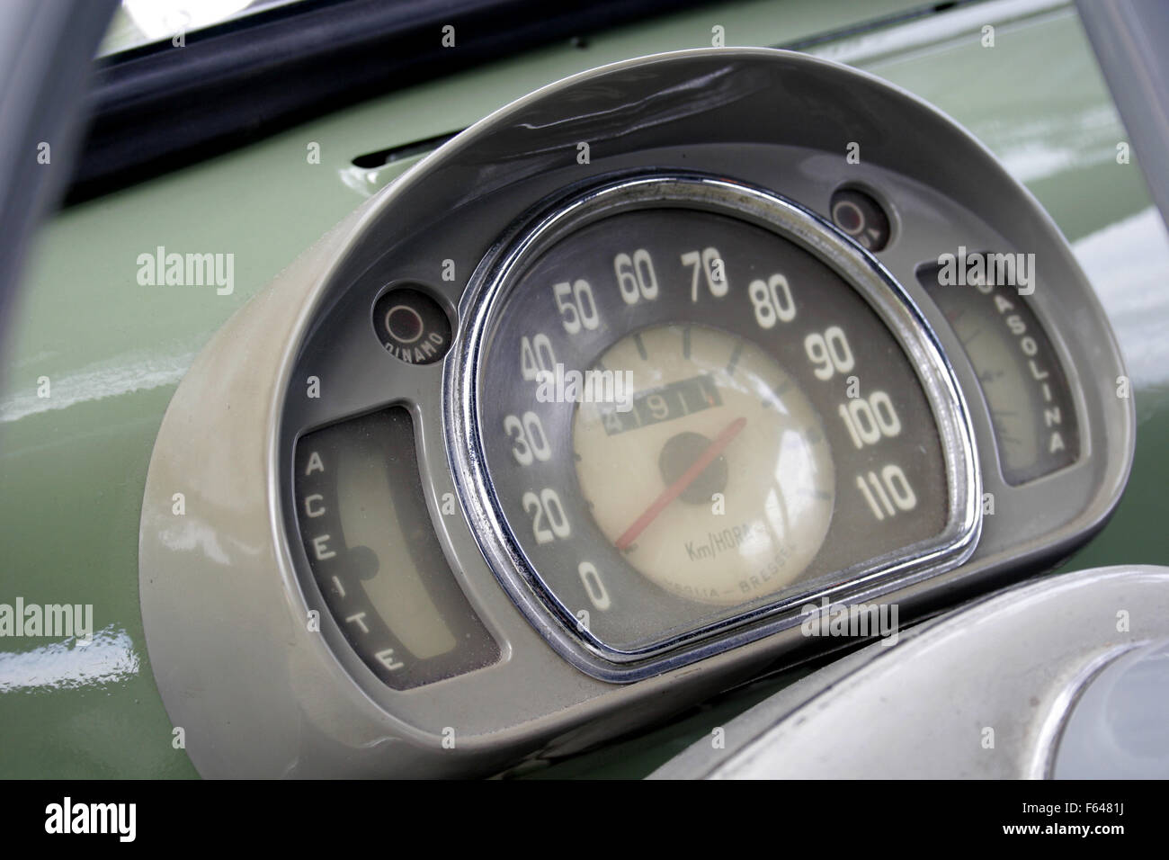 Seat 600, made in Spain under Fiat license. Tachometer. Speedometer. Stock Photo