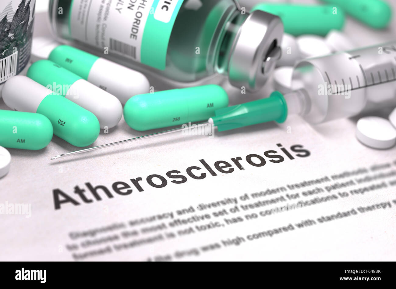 Atherosclerosis - Printed Diagnosis with Blurred Text. On Background of Medicaments Composition - Mint Green Pills, Injections a Stock Photo