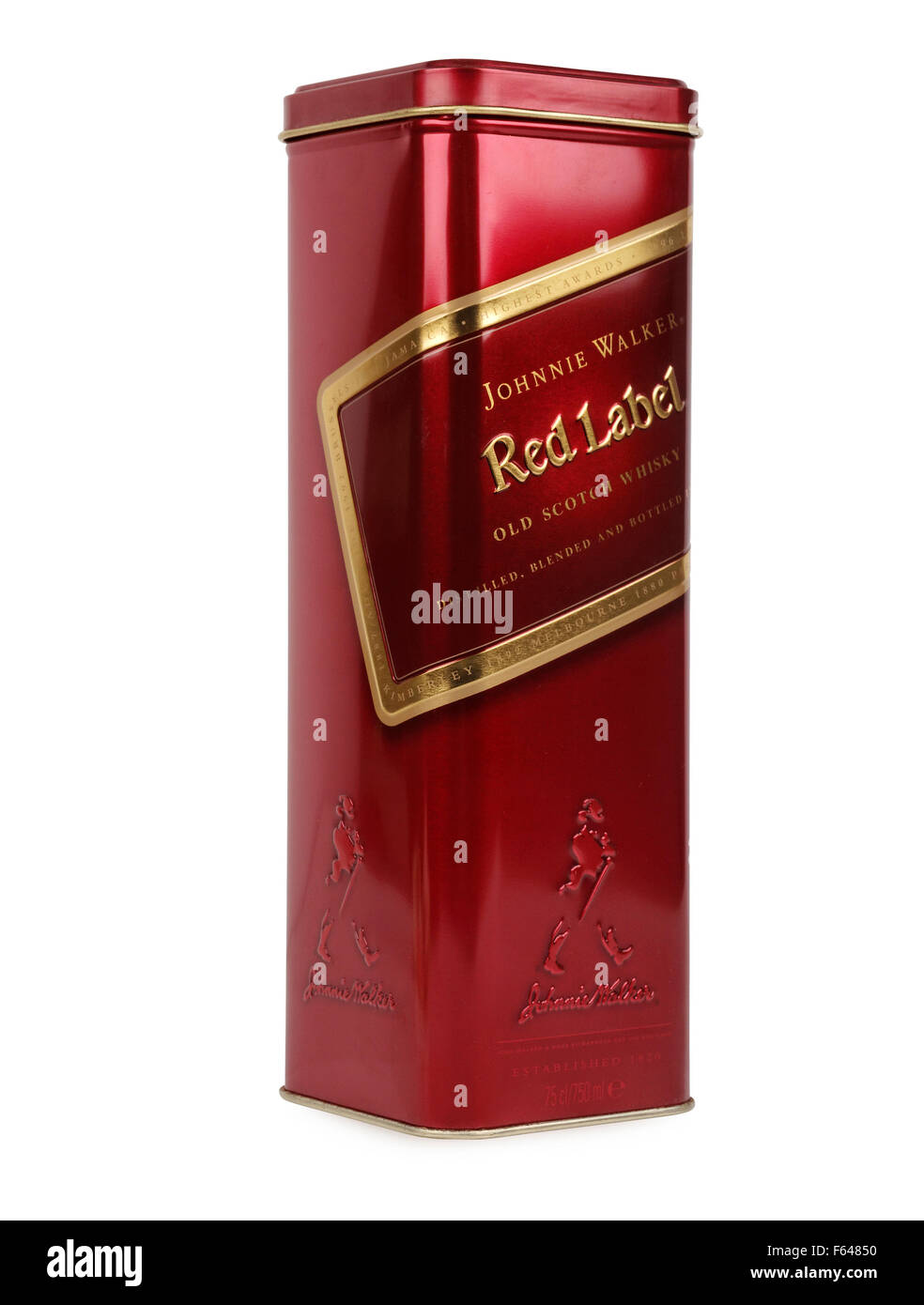 Close up of Johnny Walker Red Label tin, old Scotch whisky. Stock Photo