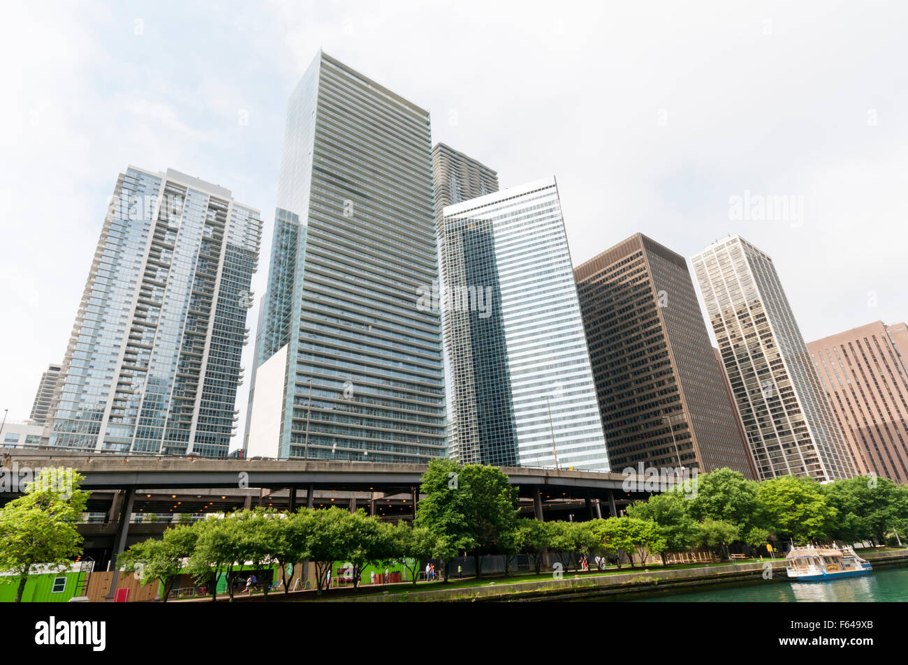 Skyscrapers beside the Chicago River in the loop area of Chicago. Stock Photo