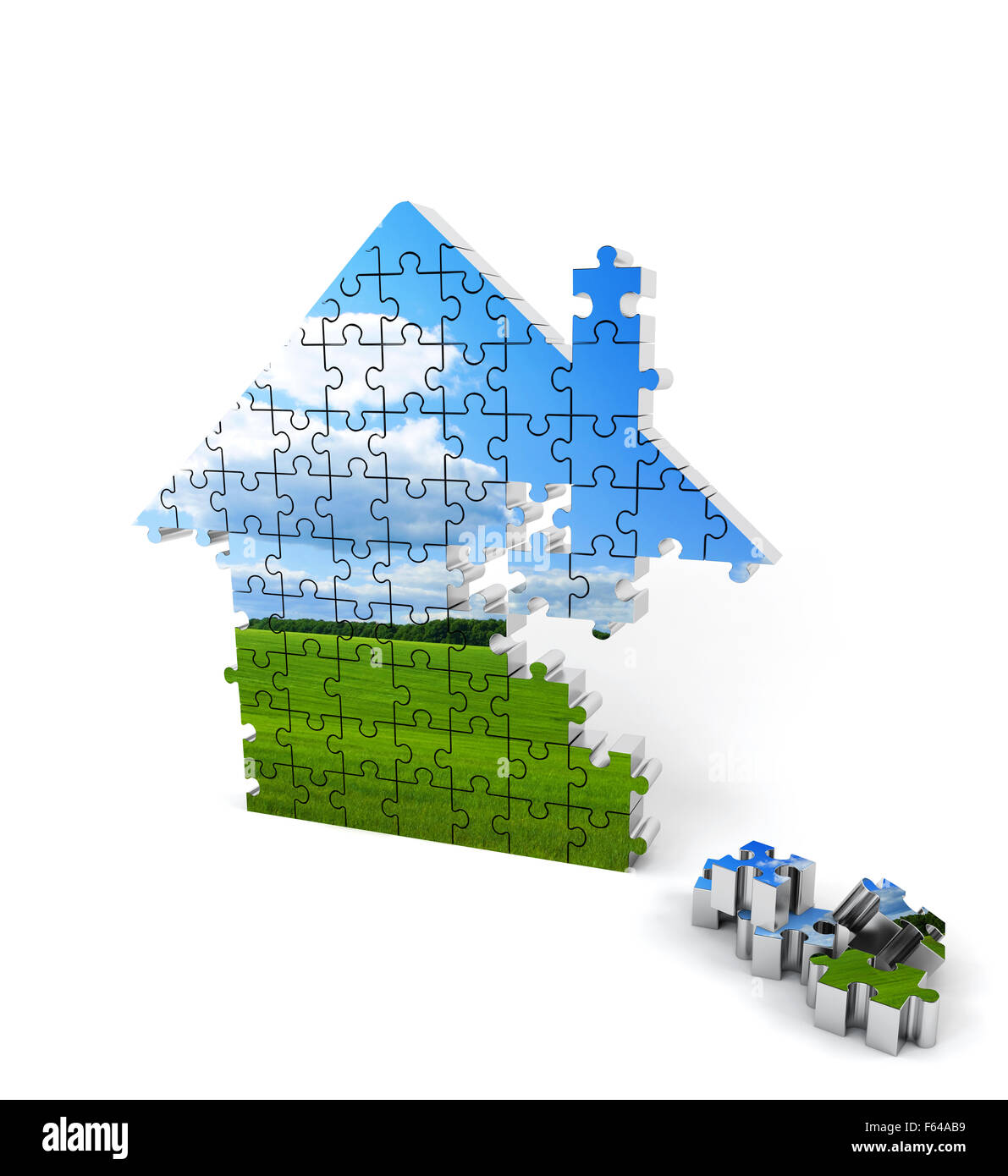 Blue and green house consisting of puzzles on white background Stock Photo