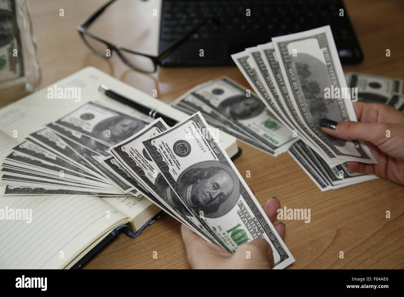 calculating home finances and domestic budget at table Stock Photo