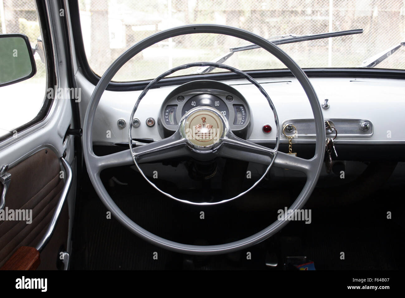 Seat 800, made in Spain under Fiat license. Steering wheel Stock Photo