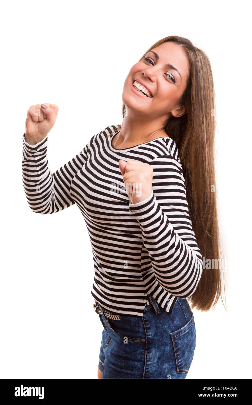 Studio shot Happy woman with raised arms Stock Photo - Alamy