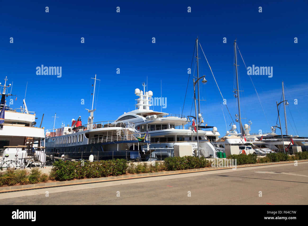 Luxury Yachts tied up in Denia Harbour in Spain Stock Photo