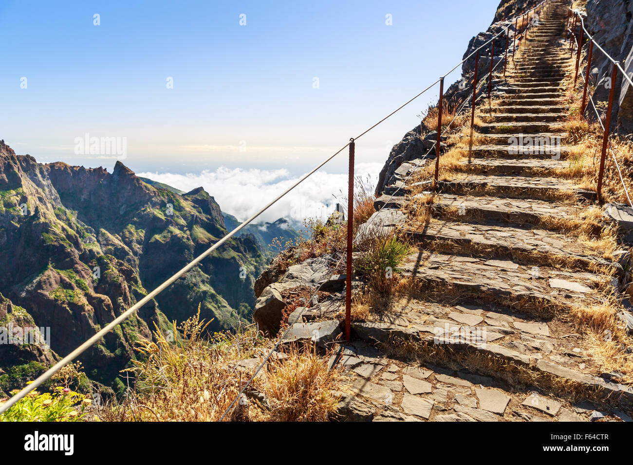 Path with steps and handrails in the mountains, Portugal, Madeira Stock ...