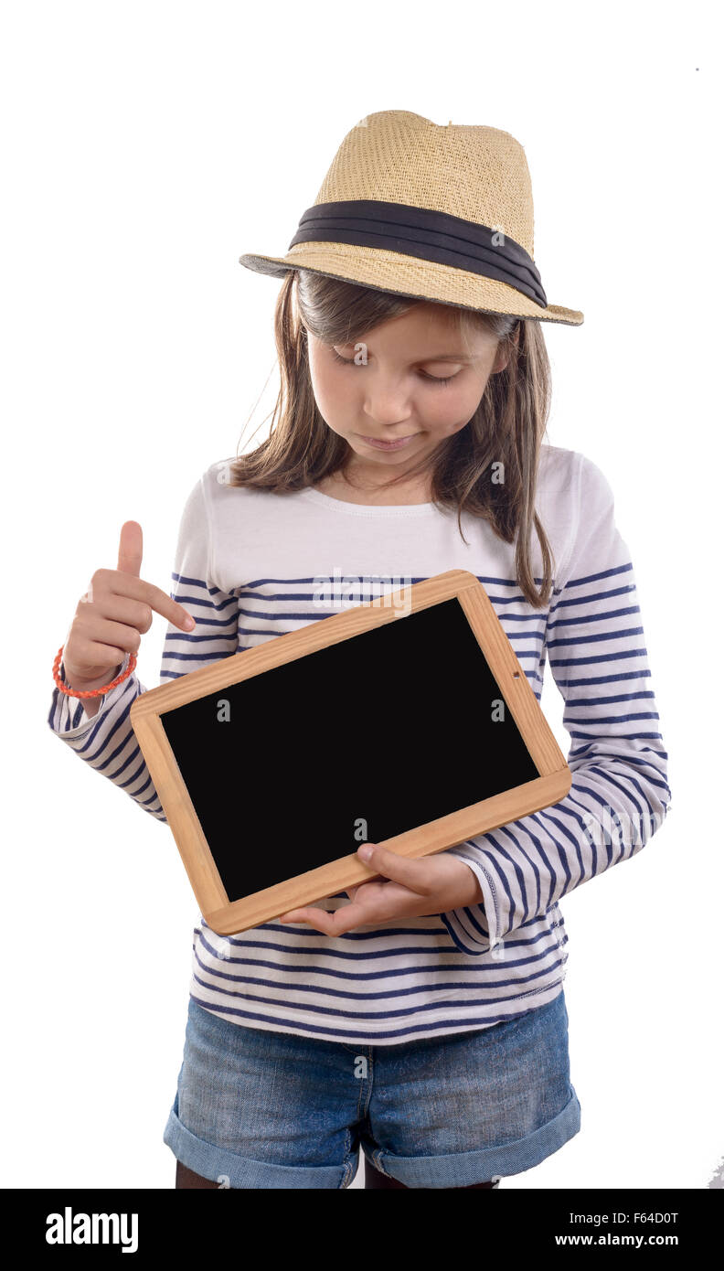 girl holding a slate on white background Stock Photo - Alamy
