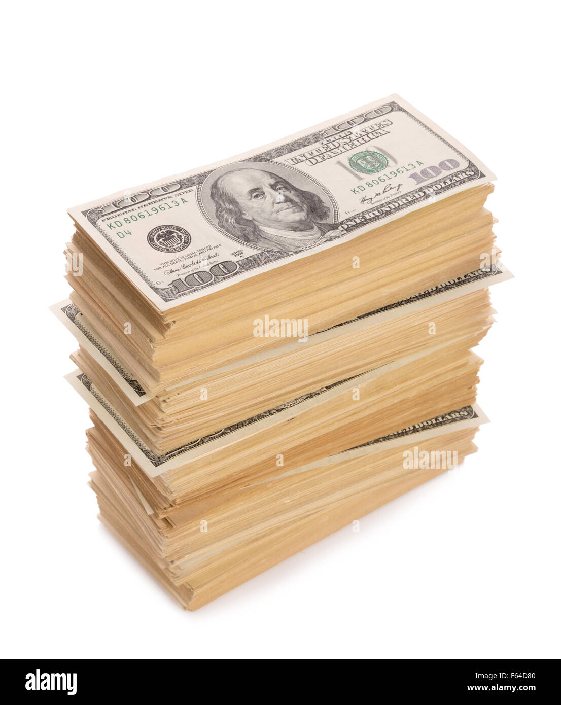 Accurate big stack of dollars banknotes closeup isolated on white Stock Photo