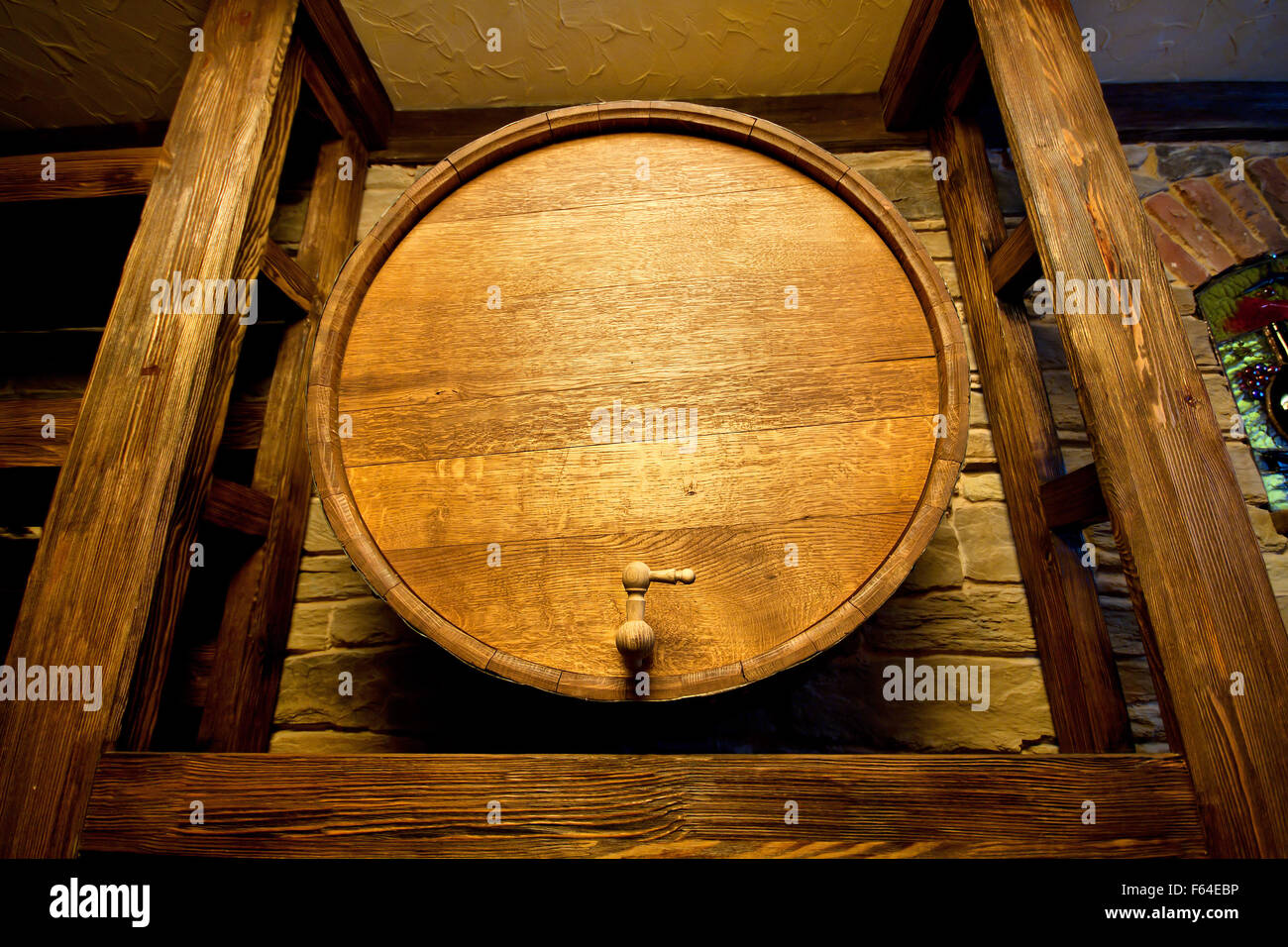 Big wood barrel in old wines cellar Stock Photo