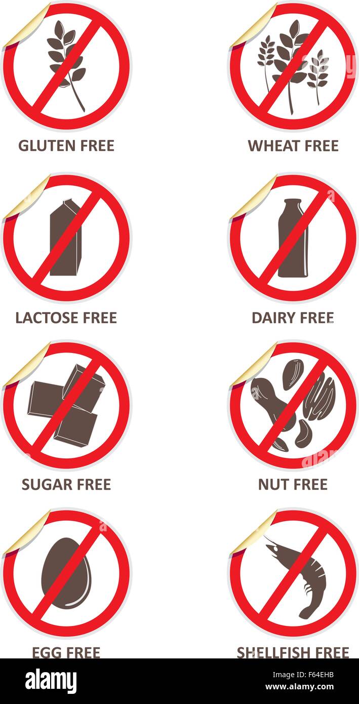 Vector stickers for allergen free products, such as gluten free, lactose free, wheat free, dairy free, sugar free, nut free, egg Stock Vector