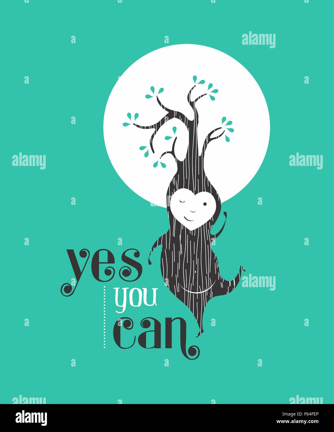 Yes you can motivation quote greeting card background with happy tree elf dancing. Ideal for friend or poster. EPS10 vector. Stock Vector