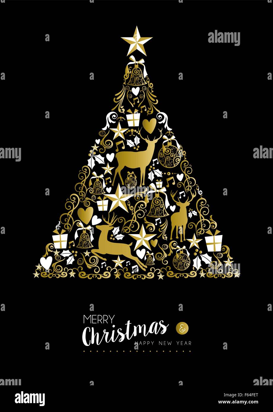 Merry christmas happy new year luxury golden pine tree shape on black ...