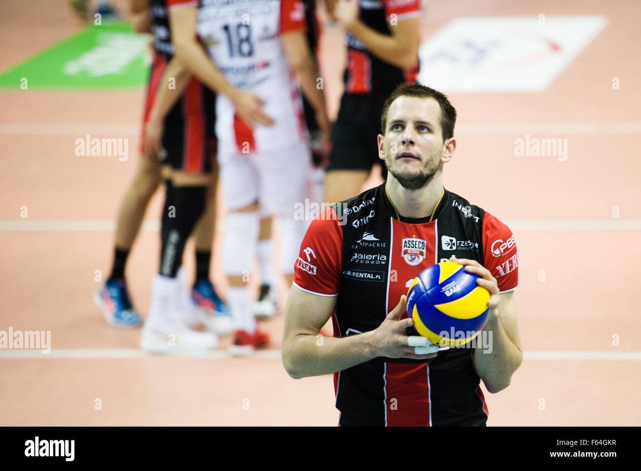 Belchatow, Poland. 11th November 2015. Bartosz Kurek of Asseco Resovia Rzeszow pictured during the game with PGE Skra Belchatow in Plus Liga (Polish Professional Volleyball League). Stock Photo