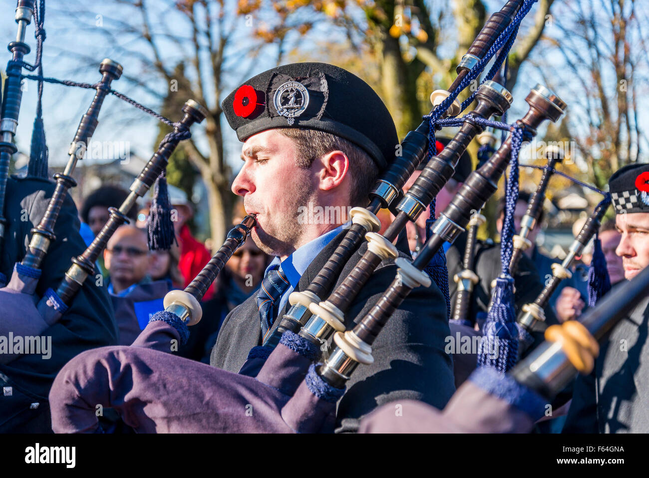 November, 11, 2015, Bagpiper at Remembrance Day, Ceremony, Vancouver, British Columbia, Canada, Stock Photo