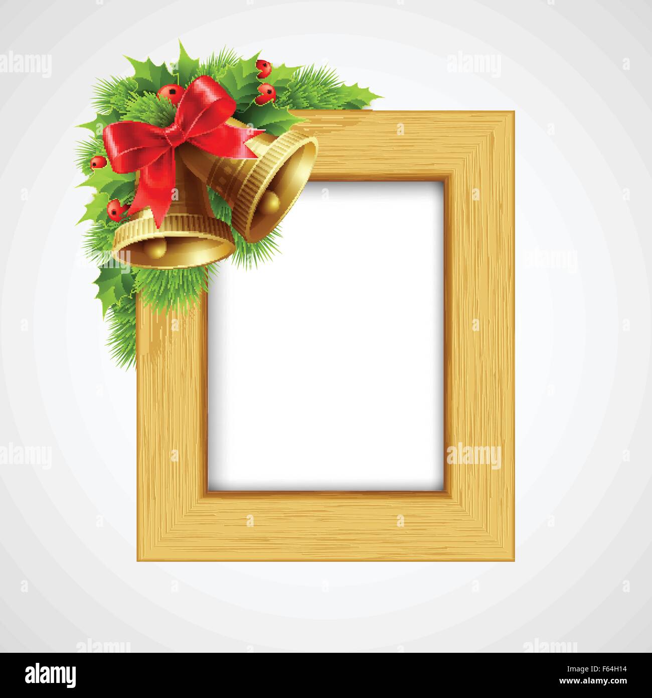 Christmas wood frame with Bell and holly berry. Vector illustration ...