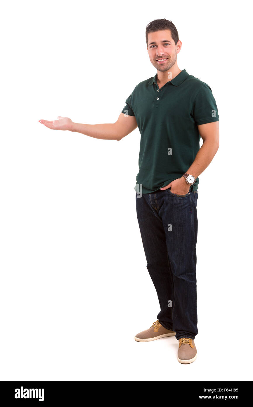 Young man presenting your product, isolated over a white background Stock Photo