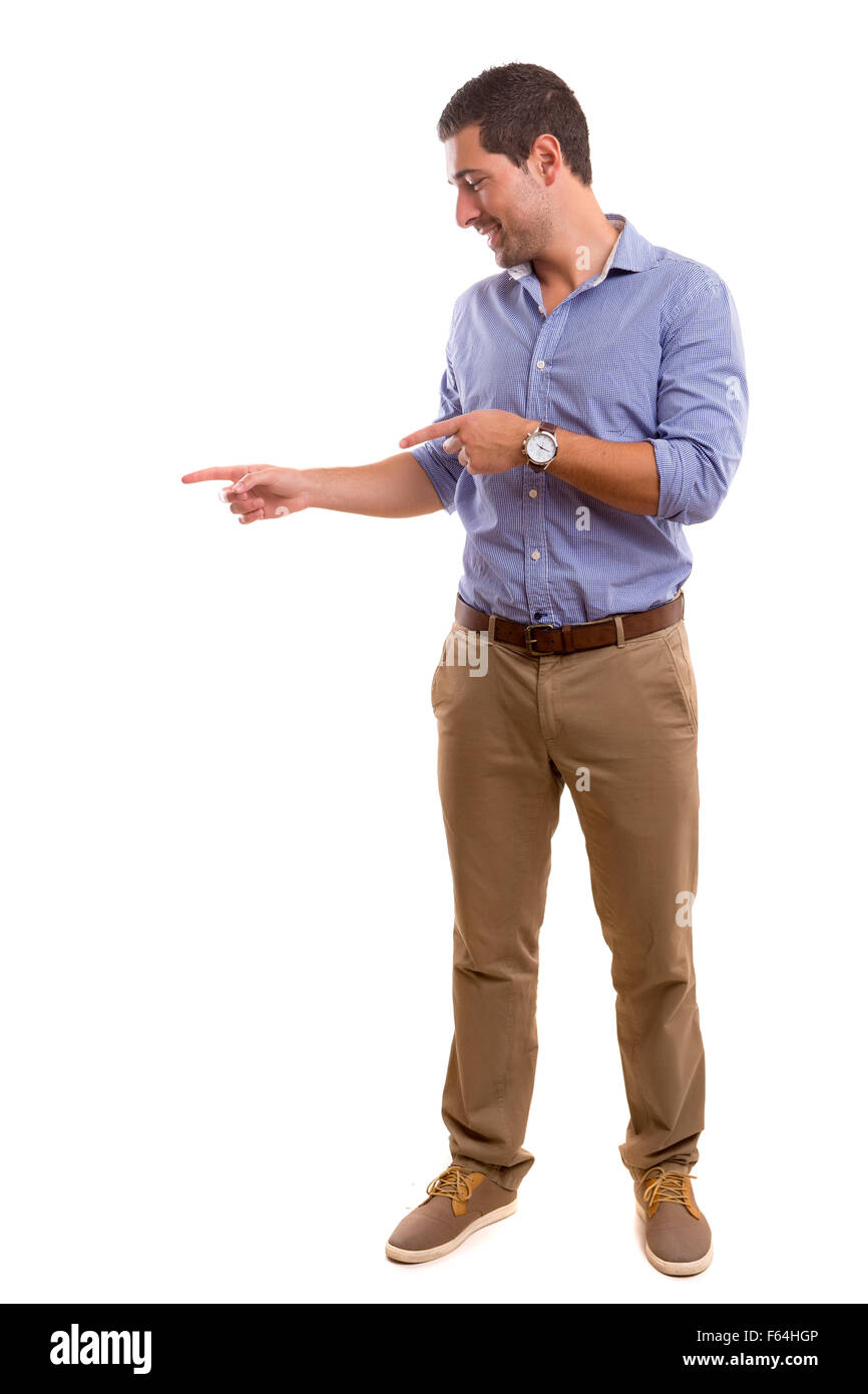 Young man presenting your product, isolated over a white background Stock Photo