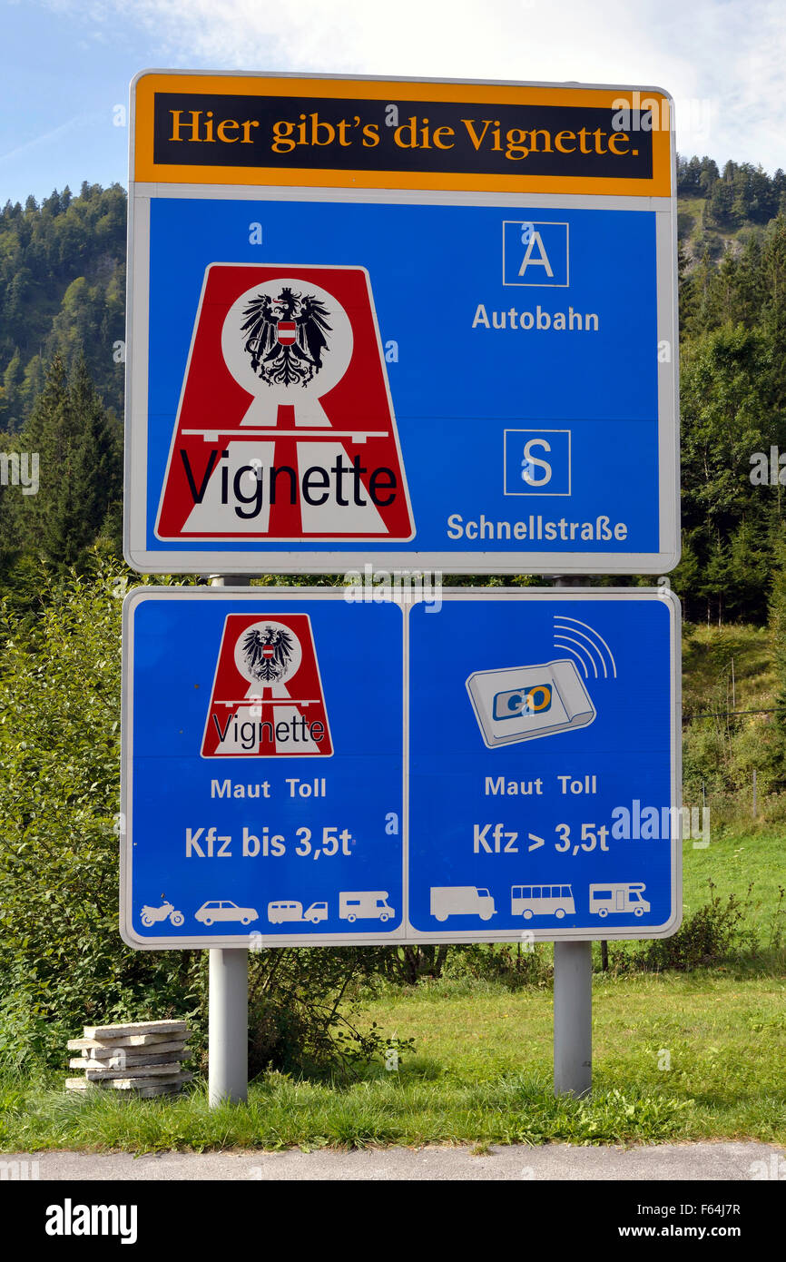 Sign post with reference to the vignette duty on motorway's in Austria. Stock Photo