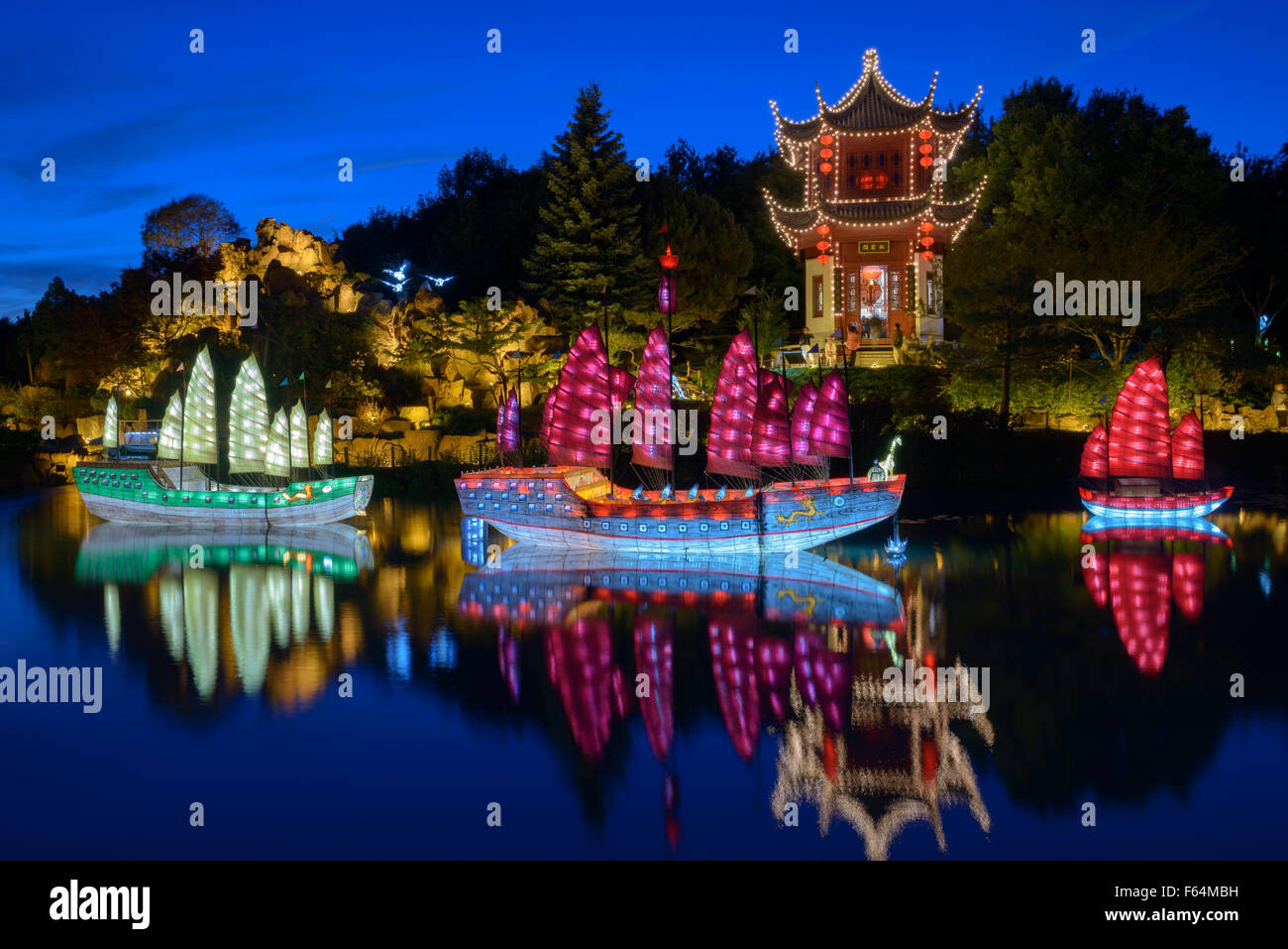 Magic of the Lanterns at the Japanese Gardens in Montreal Canada Stock