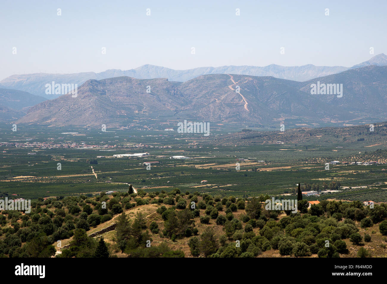 The mountains across the valley from historic site of Mycenae, Greece which is said to be the profile of Agamemnon sleeping. Stock Photo