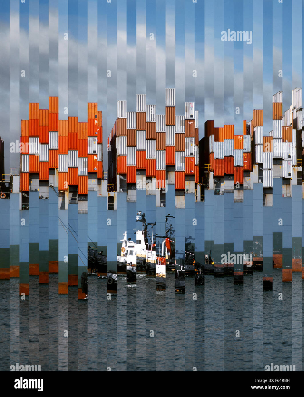 Tugboat guiding cargo ship Viewed Through Distorted Glass Stock Photo