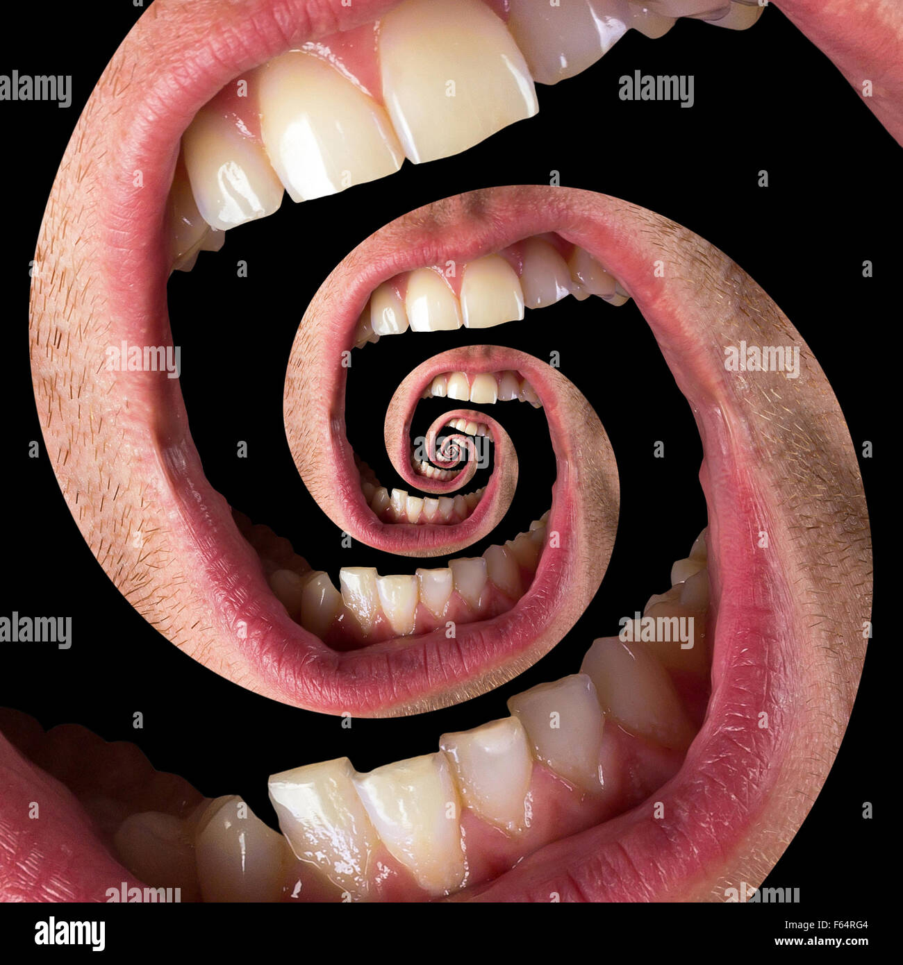 Twisted human mouth isolated on black. Pain concept Stock Photo