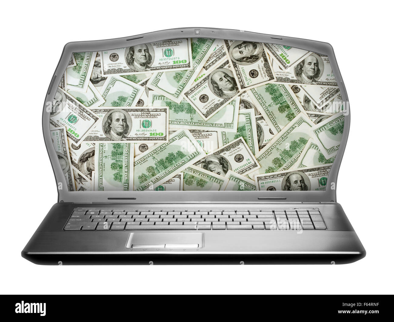 Fat laptop bulging with money. Isolated on white Stock Photo