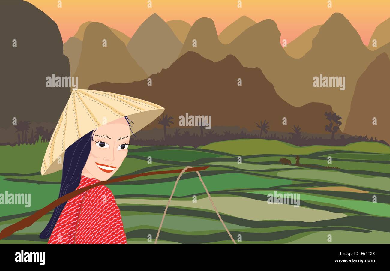 Asian woman smiling while working in rice fields at sunset with mountains behind Stock Vector