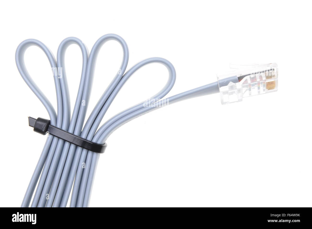 Patch cord with RJ45 plugs and cable ties isolated over white