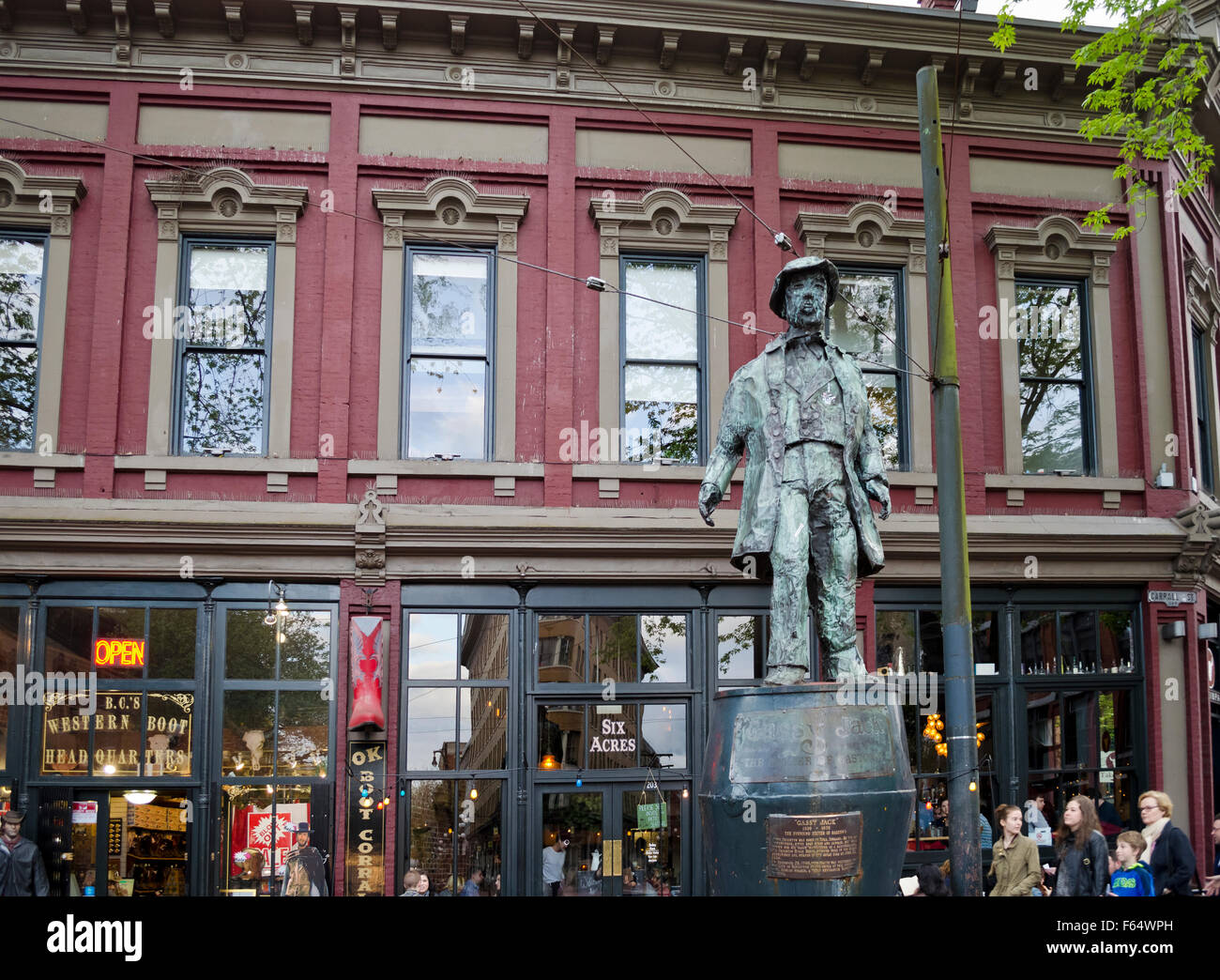 Statue of Gassy Jack and shops in Gastown neighbourhood of Vancouver