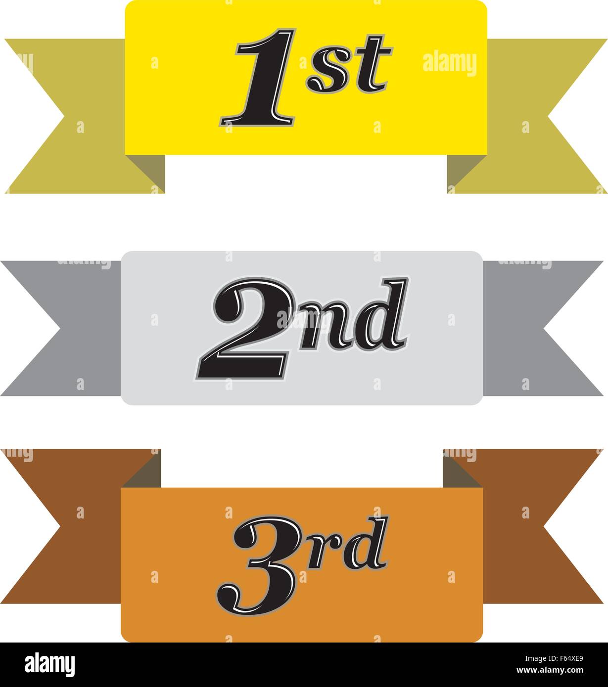 Winners ribbons for first, second and third place in gold, silver and bronze isolated on white Stock Vector