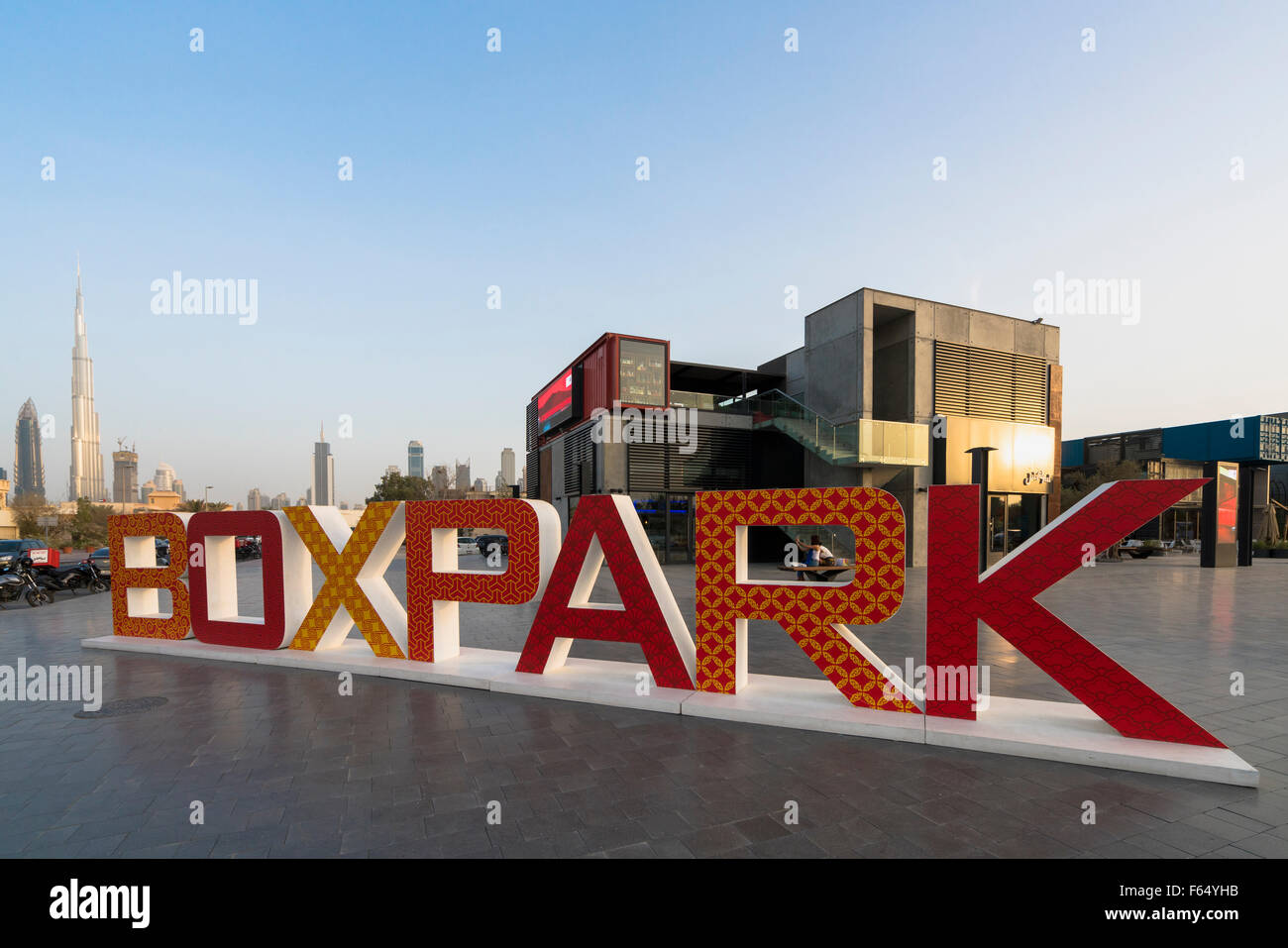 New Boxpark retail development containing shops, cafes and restaurants  in Dubai United Arab Emirates Stock Photo