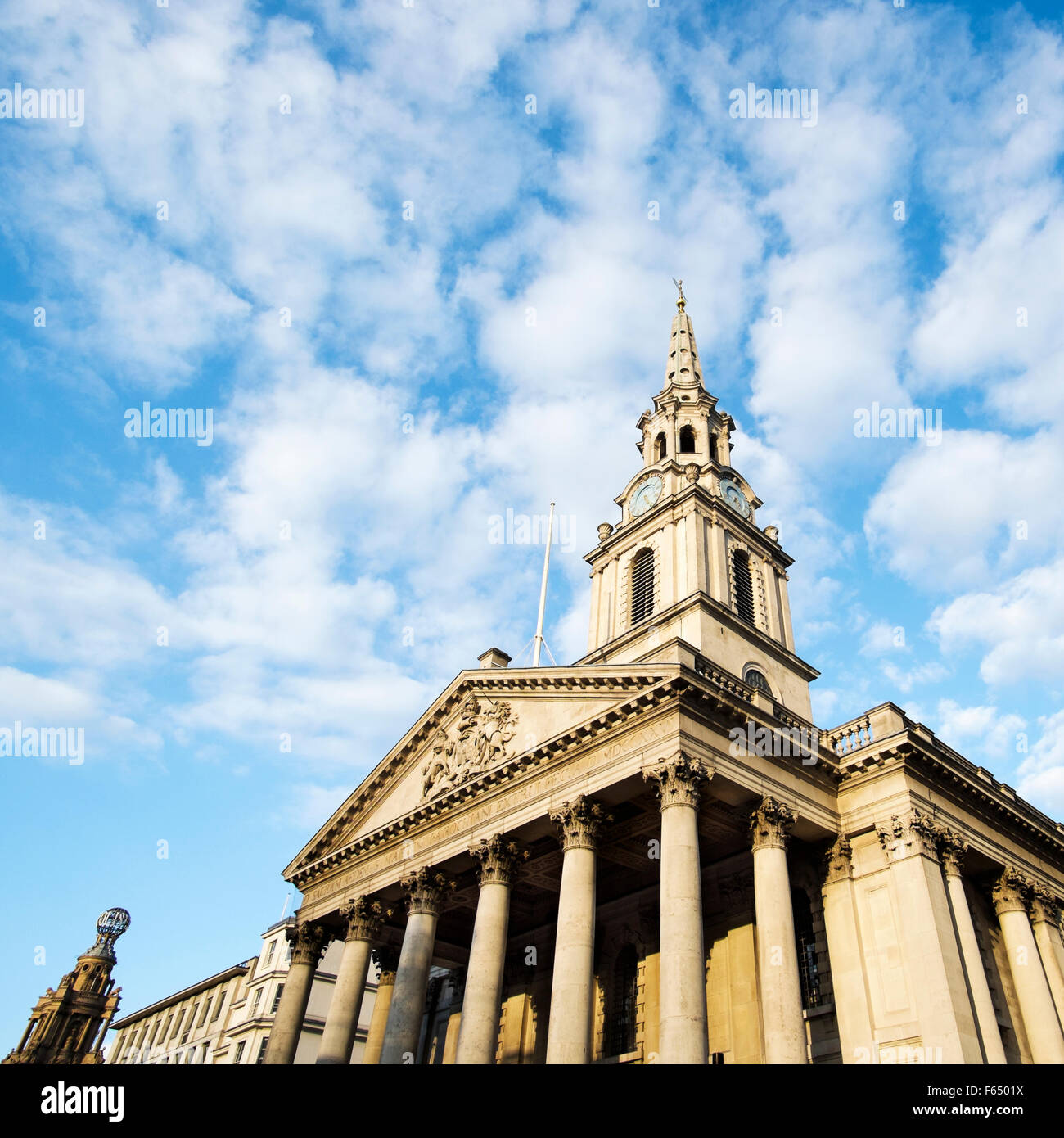 Looking up at the facade of St Martins-in-the-Fields, Trafalgar Square, London, England, UK Stock Photo