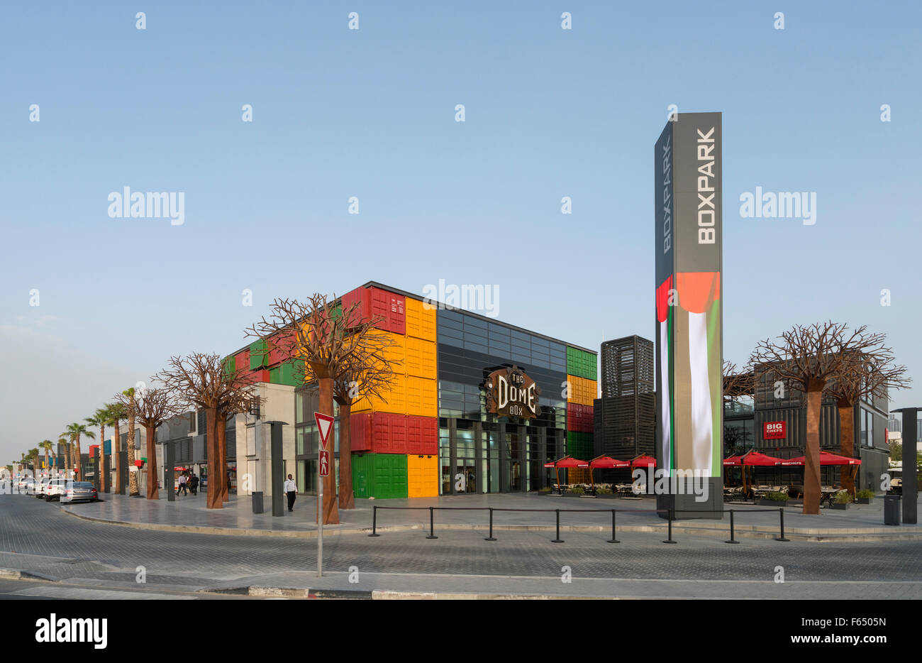 New Boxpark retail development containing shops, cafes and restaurants  in Dubai United Arab Emirates Stock Photo