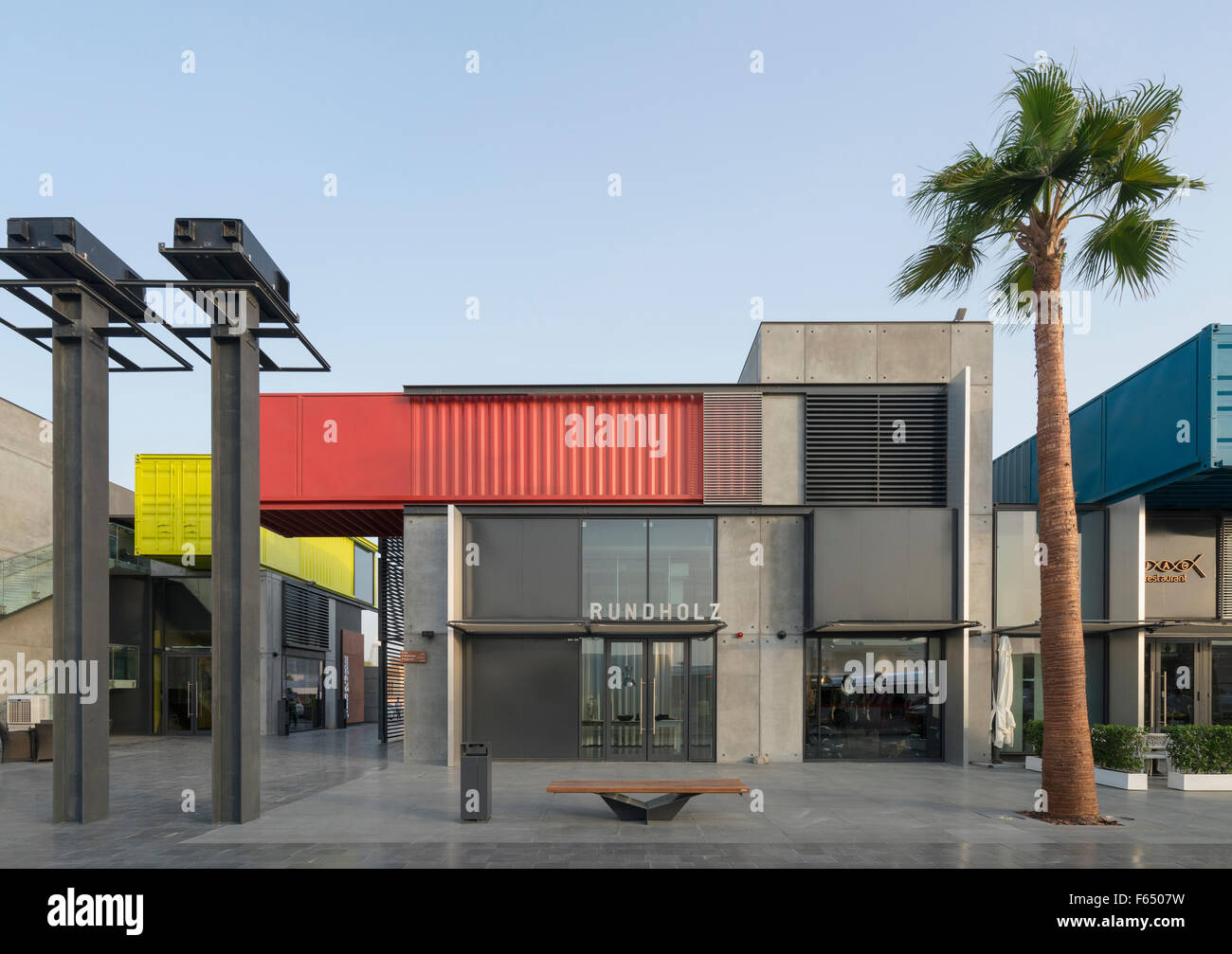 New Boxpark retail development containing shops, cafes and restaurants in Dubai United Arab