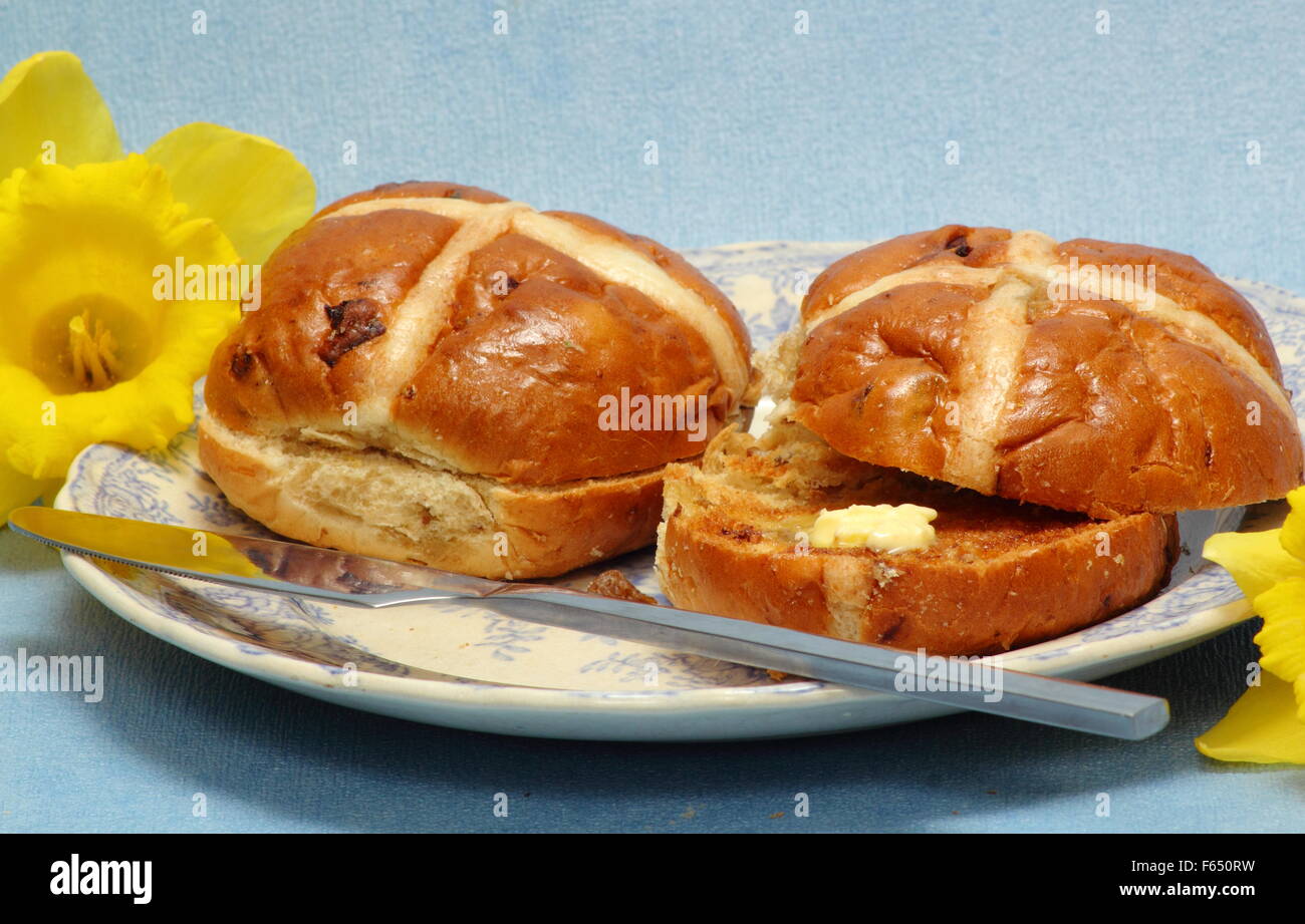 Toasted and buttered hot cross buns at Easter England UK Stock Photo Alamy