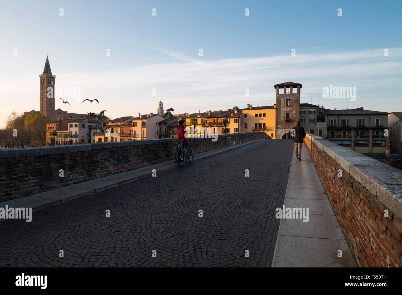 Italy, Verona, the Ponte Pietra bridge on the Adige river Stock Photo ...