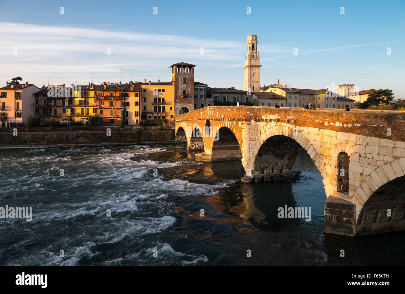 Italy, Verona, the Ponte Pietra bridge on the Adige river Stock Photo ...