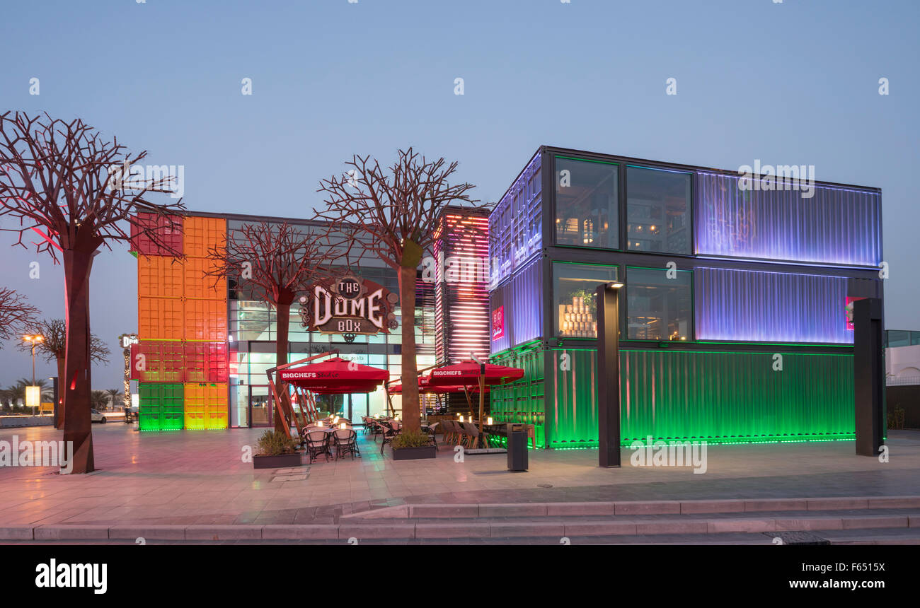 New Boxpark retail development containing shops, cafes and restaurants  in Dubai United Arab Emirates Stock Photo