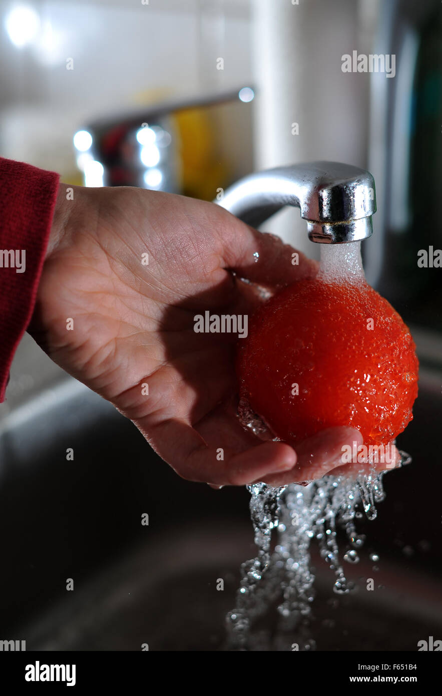 Illustration - A tomato is washed up with tap water in Dresden (Saxony), Germany, 11 March 2013. Photo: Thomas Eisenhuth Stock Photo