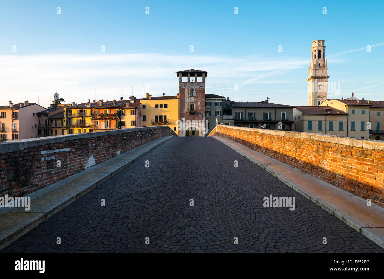 Italy, Verona, the Ponte Pietra bridge on the Adige river Stock Photo ...