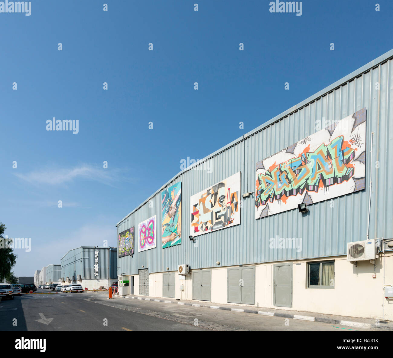 Paintings on warehouse wall at Alserkal art district in Al Quoz Dubai United Arab Emirates Stock Photo