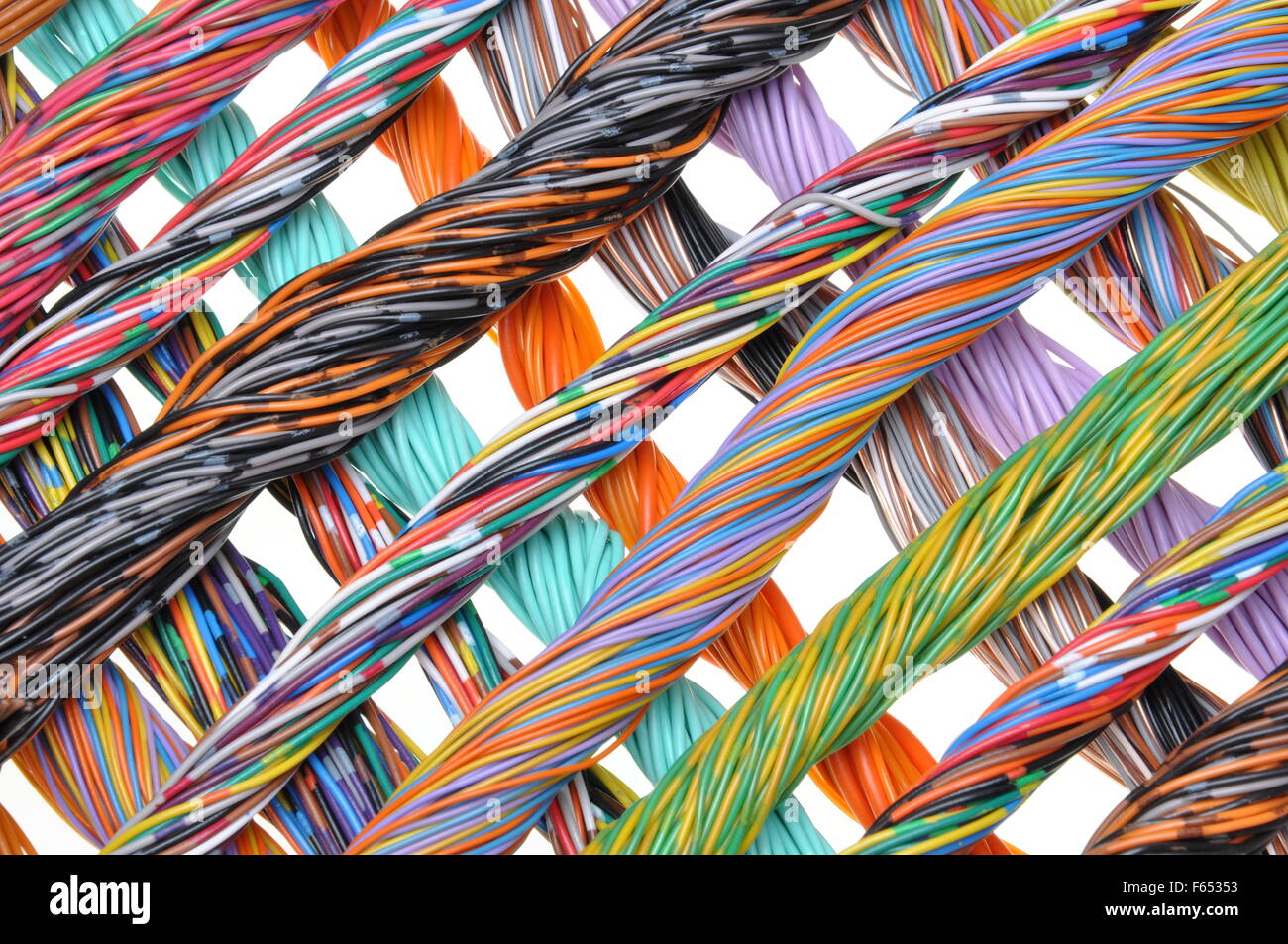Multicolour Cables Multicolored telecommunication cables isolated on white background ...