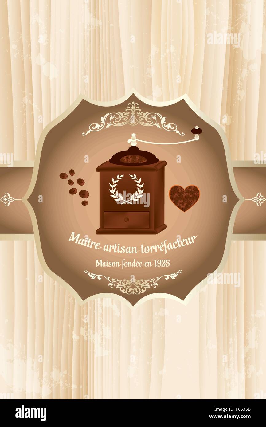 Coffee label illustration with coffeegrinder, coffeebeans and retro floral design elements and